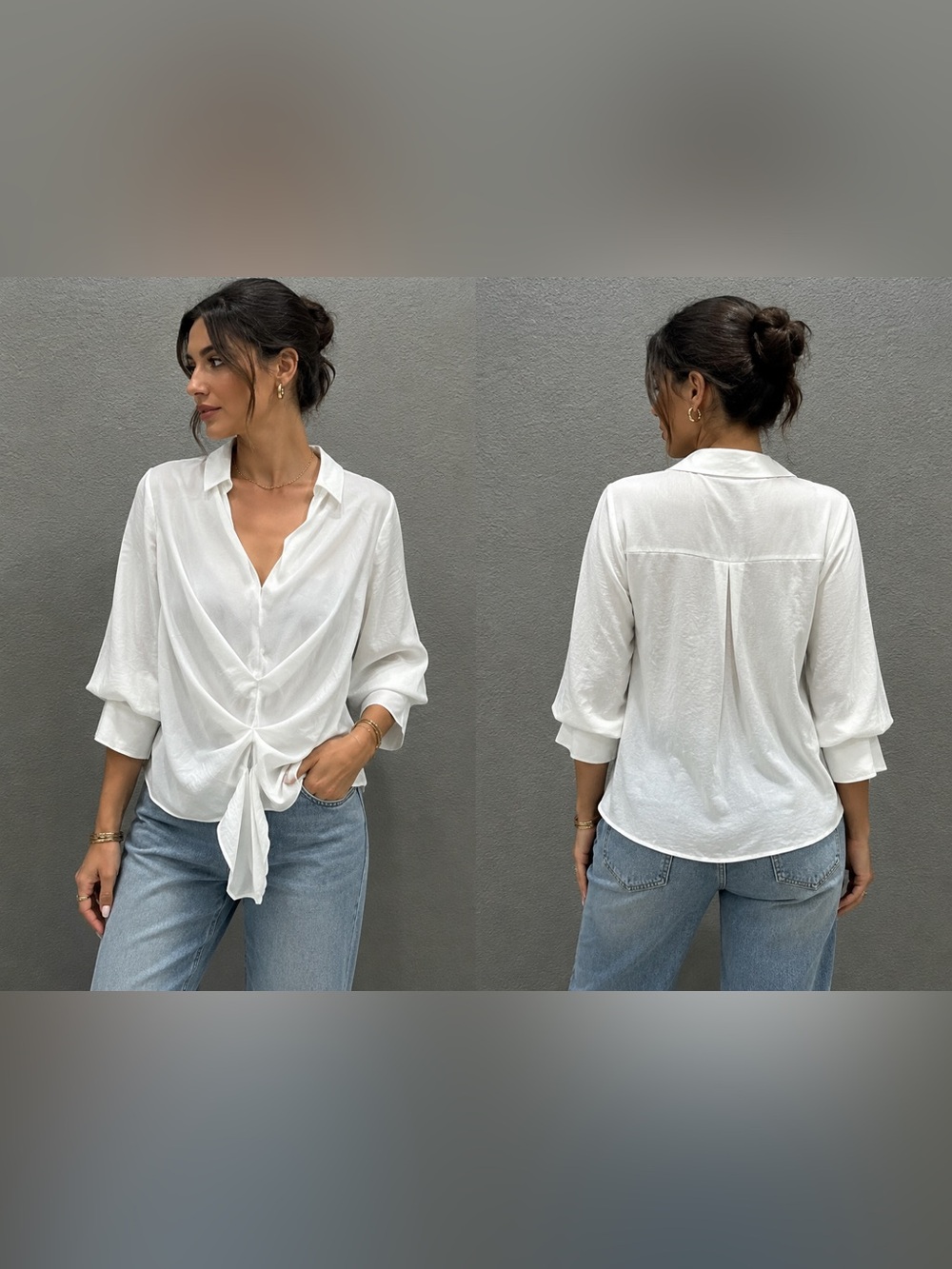 Laundry White Draped Tie-Front Blouse | Women’s Elegant Satin-Look Top | Size L